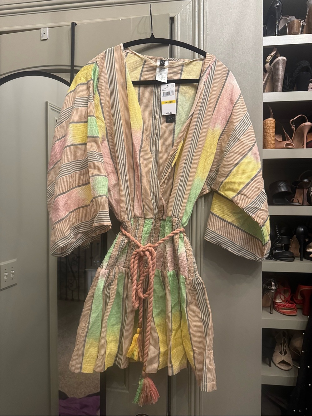 Striped Pastel V-Neck Tie-Waist Dress